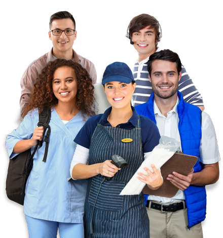 Description (Alt-Text): Eine Gruppe von f&uuml;nf Personen mit unterschiedlichen beruflichen Hintergr&uuml;nden steht nebeneinander. Sie tragen verschiedene Arbeitskleidungen, darunter medizinische Kleidung, Arbeitsuniformen und Freizeitkleidung, und schauen freundlich in die Kamera. Die Szene steht f&uuml;r Vielfalt und unterschiedliche Berufswege.